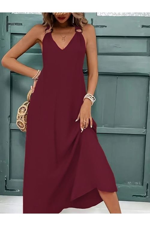 Kadın Askılı V Yakalı Halka Detaylı Maksi Boy Viskon Elbise