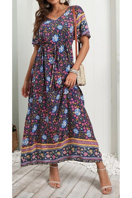 Kadın Kısa Kollu Beli Lastikli çiçek Desen Tam Boy Elbise