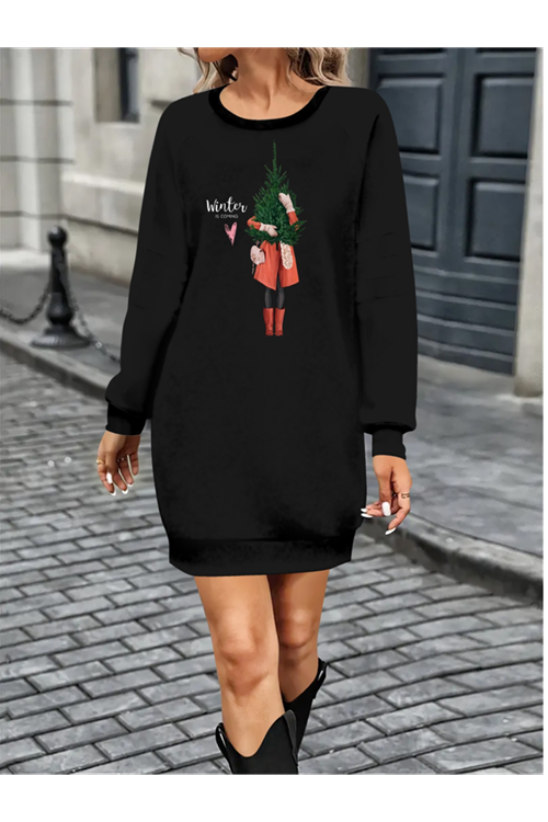 Kadın Uzun Kollu Bisiklet Yaka Desenli Kısa Viskon Iki Iplik Elbise