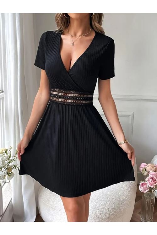 Kadın Kısa Kollu Kruvaze Yakalı Belden Dantelli Kaşkorse Elbise