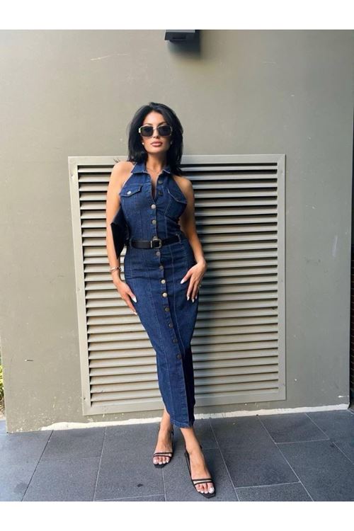 Kadın Düğme Detaylı Belden Kemerli Sırt Dekolte Kot Elbise