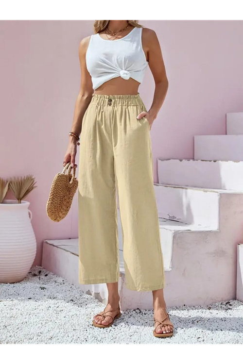 Kadın Bel Büzgü Ve Düğme Detay Kapri Keten Pantolon