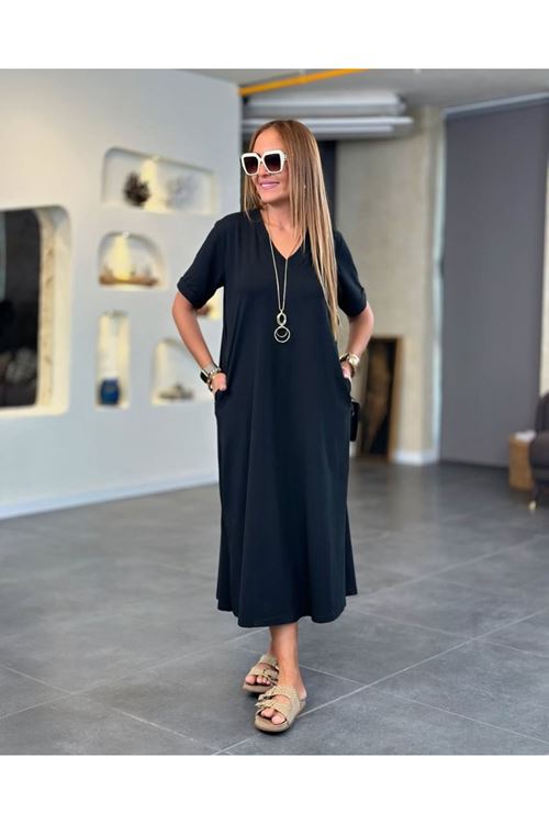 Kadın Kısa Kollu V Yakalı Cep Detaylı Uzun Viskon Iki Iplik Elbise
