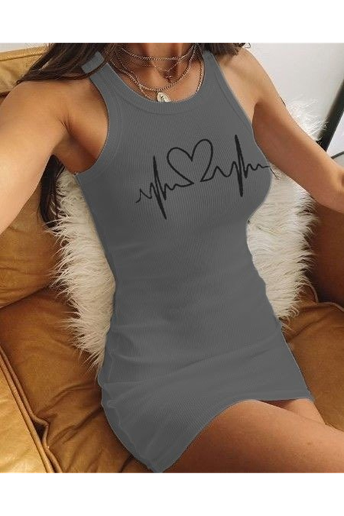 Ritim Kalp Baskılı Sıfır Kol Kaşkorse Elbise