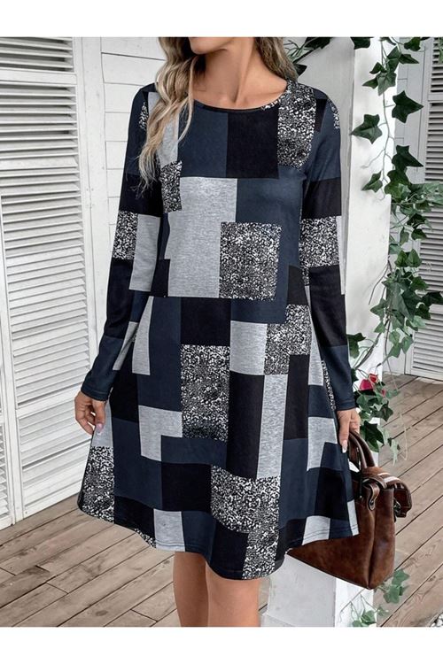Kadın Uzun Kollu Yuvarlak Yaka Geometrik Süprem Elbise