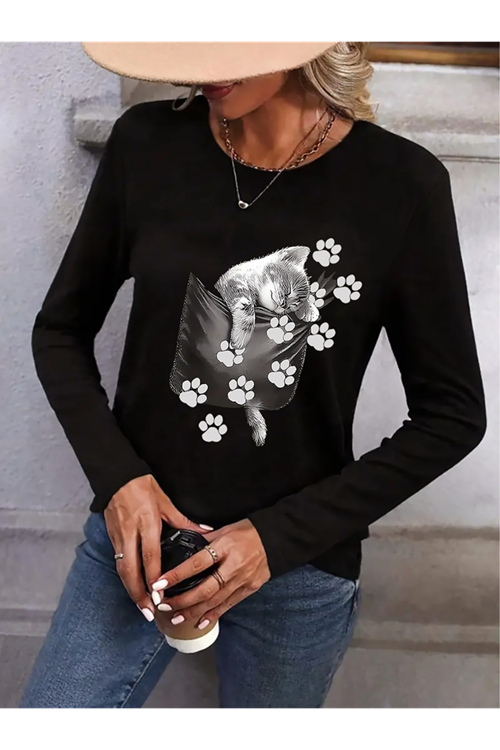 Kadın Uzun Kollu Bisiklet Yaka Desenli Viskon Bluz