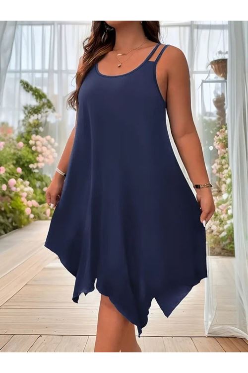 Kadın Askılı Yuvarlak Asimetrik Kesim Detaylı Viskon Elbise