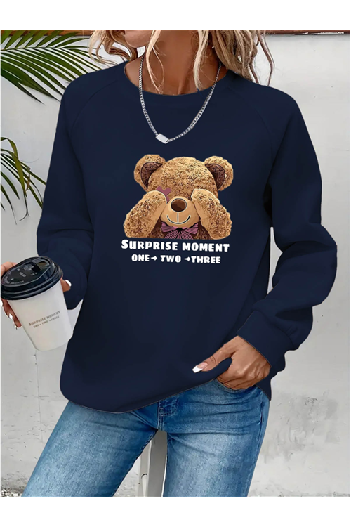 Kadın Uzun Kollu Bisiklet Yaka Ayıcık Desenli Viskon Iki Iplik Bluz