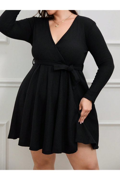 Kadın Uzun Kollu Kruvaze Yaka Kuşak Detay Salaş şardonlu Kaşkorse Mini Elbise