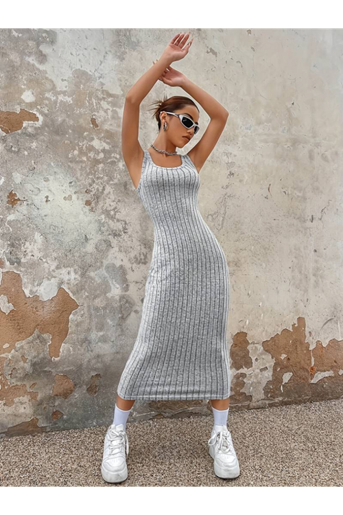 Kadın Kalın Askılı Kare Yaka Fitilli Kaşkorse Midi Boy Elbise