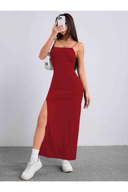 Kadın Ip Askılı Yandan Yırtmaçlı Janjan Krep Elbise