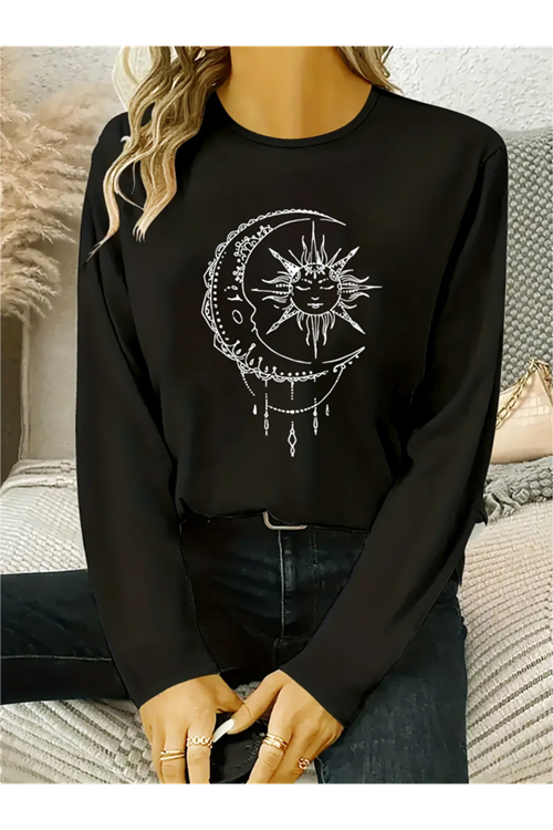 Kadın Uzun Kollu Bisiklet Yaka Ay Baskılı Viskon Bluz