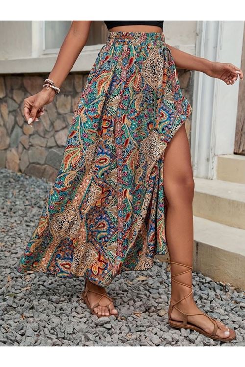 Kadın Beli Büzgülü Yandan Yırtmaçlı Desenli Süprem Etek