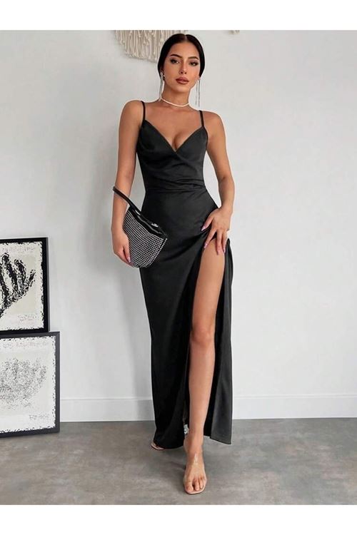 Kadın Askılı Kruvaze Yakalı Yırtmaçlı Krep Elbise