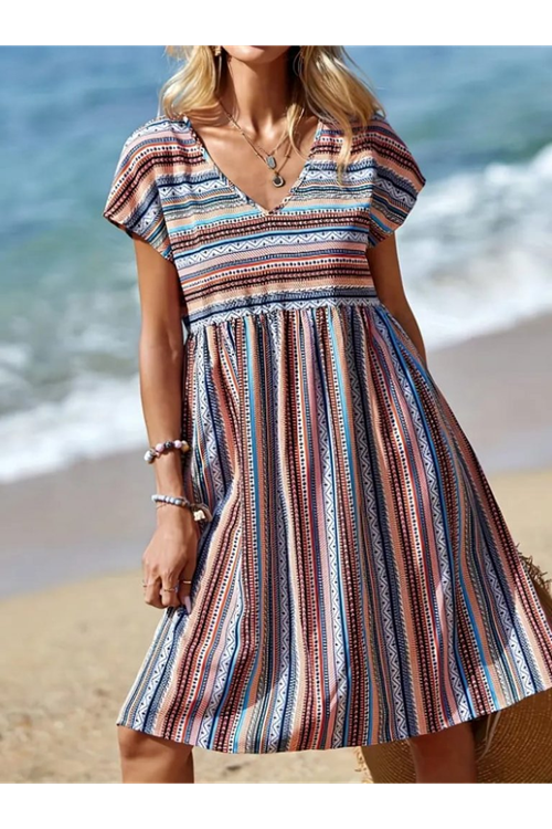 Kadın Kısa Kollu V Yakalı Pile Detay Keten Elbise