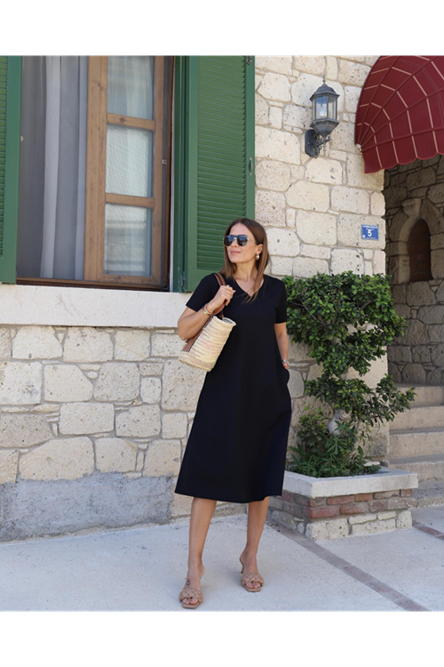 Kadın Kısa Kollu V Yaka Cepli A Kesim Detaylı Viskon Elbise