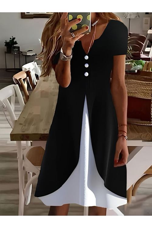 Kadın Kısa Kollu V Yakalı önden Düğmeli çift Renkli Viskon Elbise