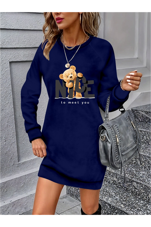 Kadın Uzun Kollu Bisiklet Yaka Ayı Desenli Viskon Iki Iplik Elbise