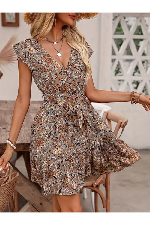 Kadın Kısa Fırfır Kollu V Yakalı Belden Kuşaklı Desenli Süprem Elbise