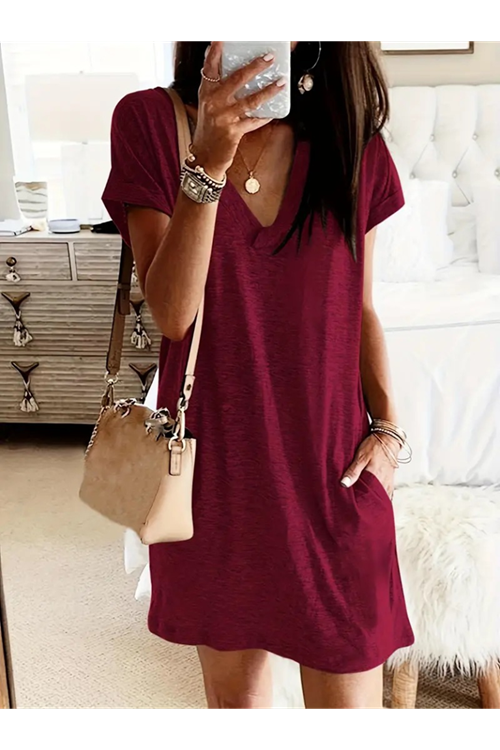 Kadın Kısa Kollu V Yakalı Cepli Kısa Viskon Elbise