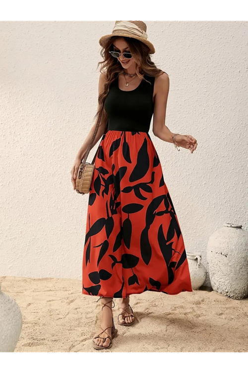 Kadın Askılı Yuvarlak Yaka üst Viskon Alt Desenli Uzun Süprem Elbise