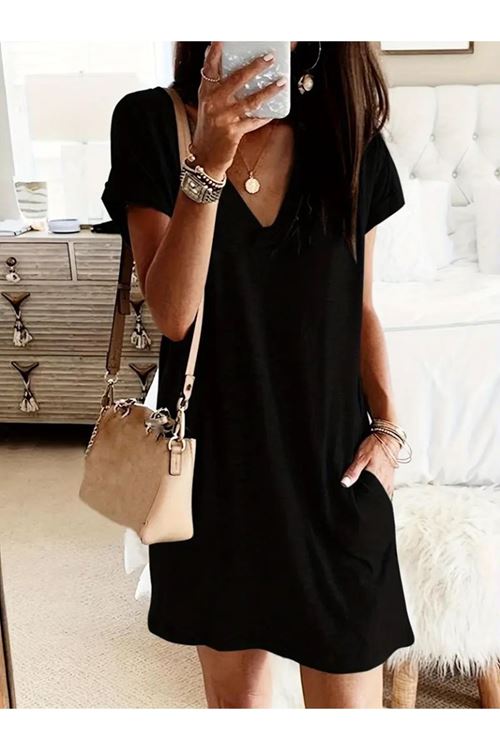 Kadın Kısa Kollu V Yakalı Cepli Kısa Viskon Elbise