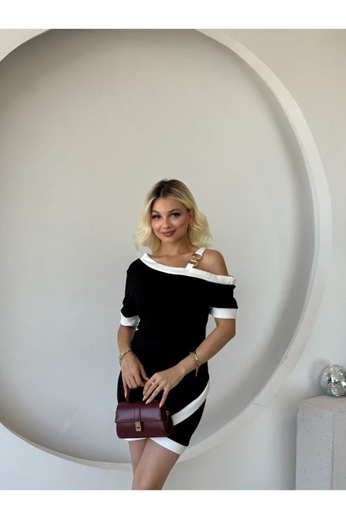 Kadın Kısa Kollu Asimetrik Kesim Yaka şerit Ve Aksesuar Detaylı Modal Elbise