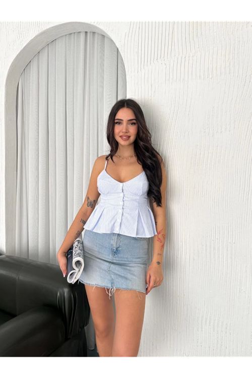 Askılı Dekolte Deraylı Crop - Açık Mavi