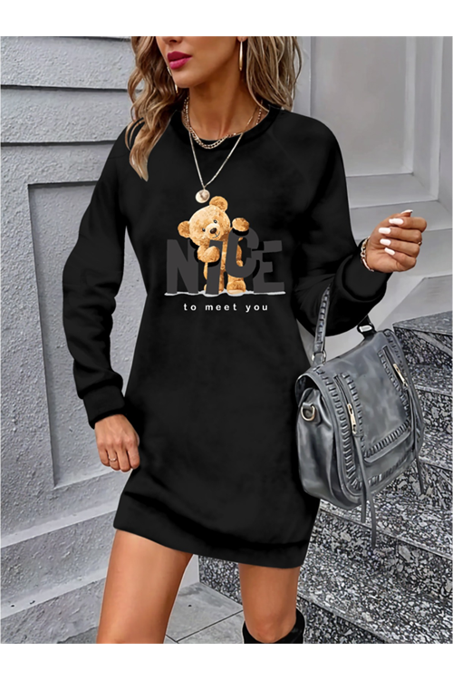 Kadın Uzun Kollu Bisiklet Yaka Ayı Desenli Viskon Iki Iplik Elbise