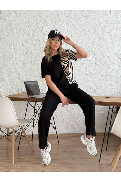 Kadın Bisiklet Yaka Kısa Kol Leopar Desen Bluz Ve Pantolon Ikili Takım