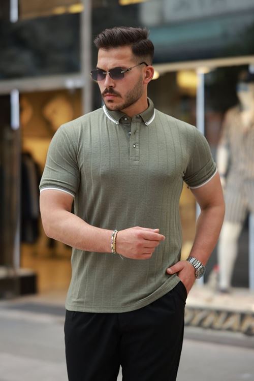 Erkek Düğme Yakalı Jakar Kumaş Kısa Kollu Tişört