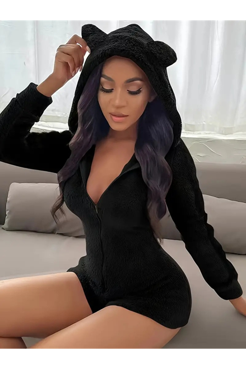 Kadın Uzun Kollu Kapişon Ve Fermuar Detaylı Peluş şort Tulum