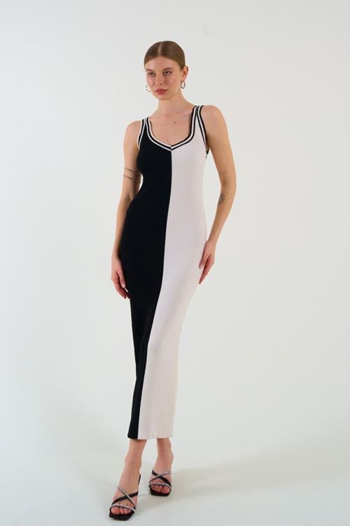 İki Renki Kolsuz Elbise - Siyah-Krem