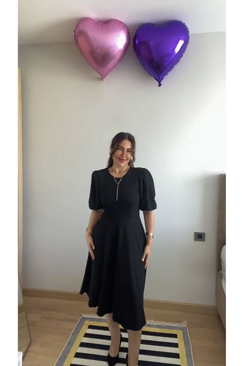 Kadın Kısa Balon Kollu Bisiklet Yaka Kiloş Janjan Krep Elbise