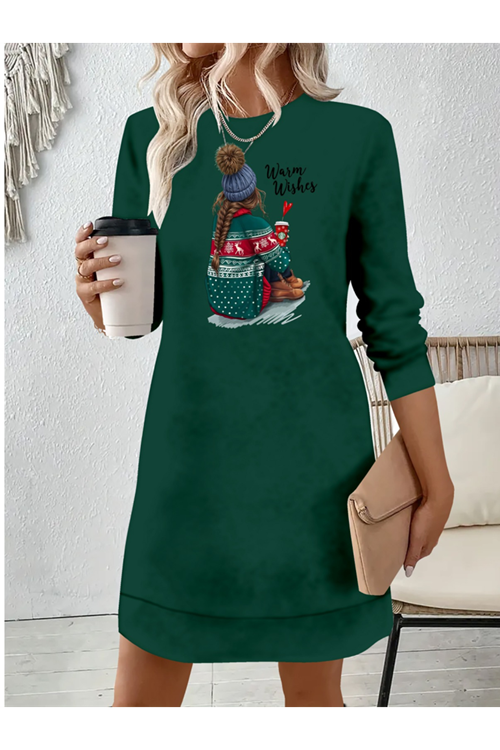 Kadın Uzun Kollu Bisiklet Yaka Desenli Viskon Iki Iplik Elbise