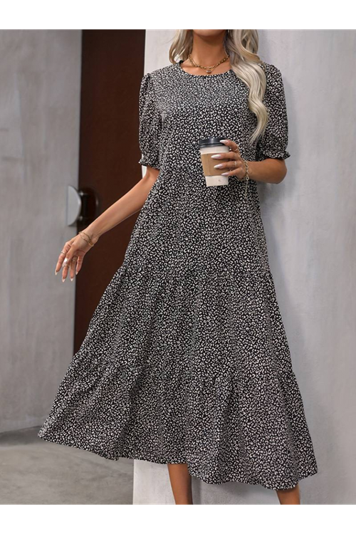 Kadın Mini Leopar Desen Midi üç Kat Elbise