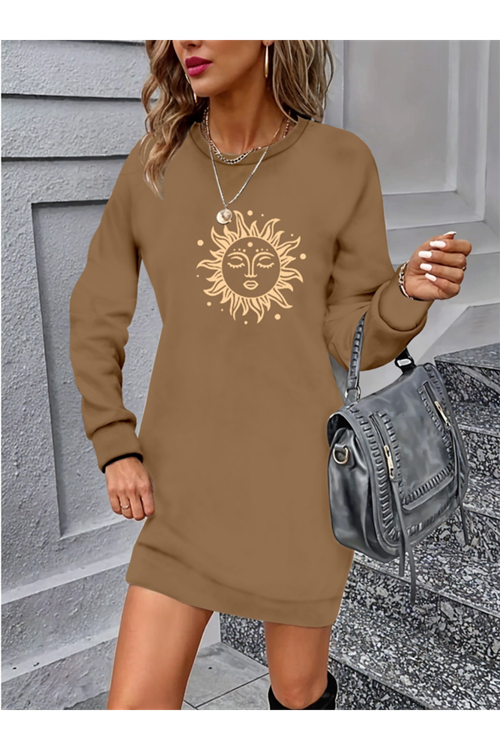 Kadın Uzun Kollu Bisiklet Yaka Güneş Desenli Viskon Iki Iplik Elbise