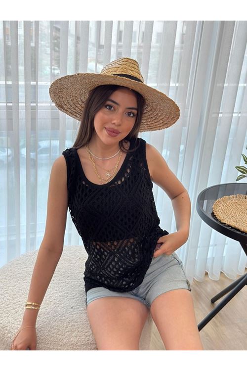 Kadın Askılı Yuvarlak Yaka Geometrik Desenli Triko Bluz