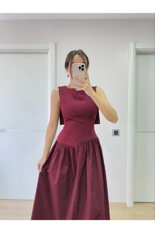 Arkası Kanatlı Uzun Elbise- Bordo