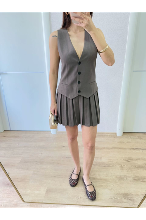 Takım Görünümlu Yelekli Mini Elbise- Füme