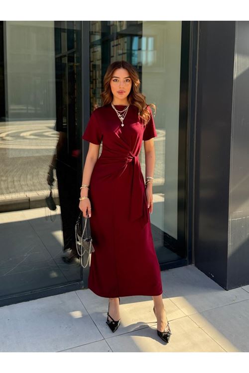 Kadın Kısa Kollu Bisiklet Yaka Yandan Bağlamalı Viskon Iki Iplik Elbise