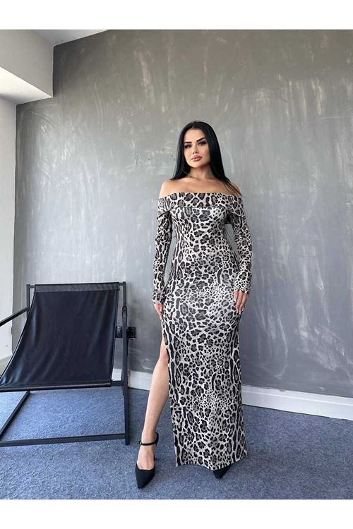 Kadın Madonna Yaka Dalgıç Kumaş Leopar Desen Maxi Boy Derin Yırtmaçlı Elbise