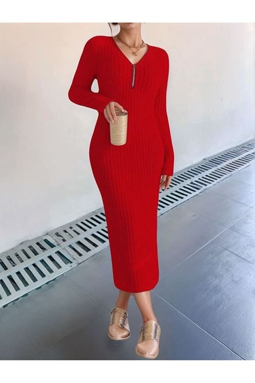 Kadın Uzun Kollu Fermuar Detay Fitilli Kaşkorse Kumaş Maxi Boy Elbise