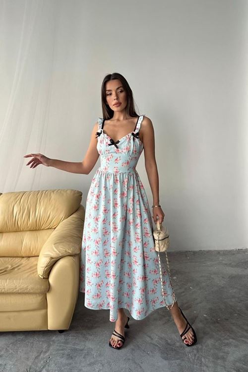 Bebe Mavi Önü Fiyonklu Çiçekli Elbise