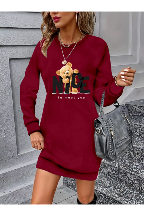 Kadın Uzun Kollu Bisiklet Yaka Ayı Desenli Viskon Iki Iplik Elbise