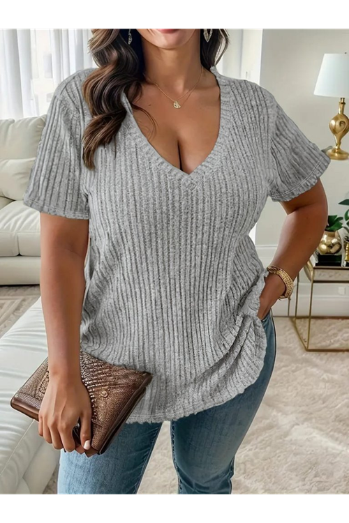 Kadın Kısa Kollu V Yaka Fitilli Kaşkorse Bluz