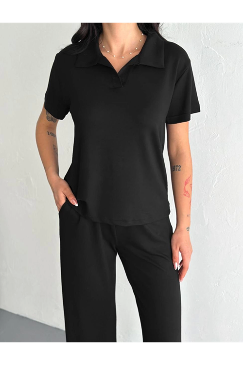 Osy Modal Yumuşak Dokulu Kumaş Kısa Kollu Yakalı T-shirt Pantalon Ikili Takım- Siyah