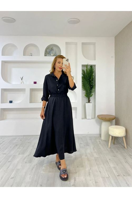 Kadın Keten Kumaş Gömlek Ve Etek Ikili Takim