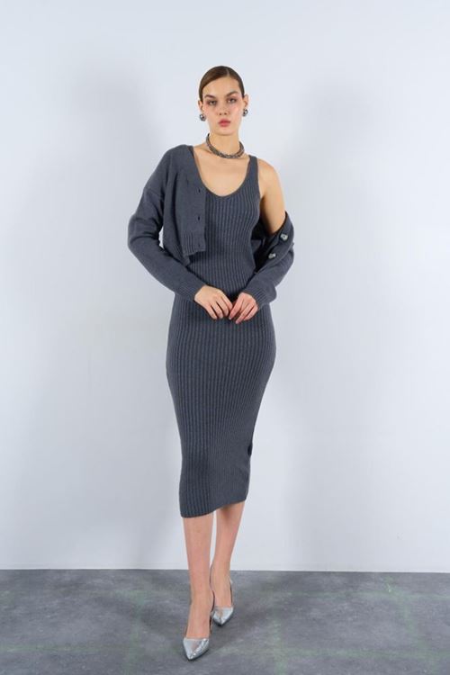 Fitilli Elbise Hırkalı Takım - Füme