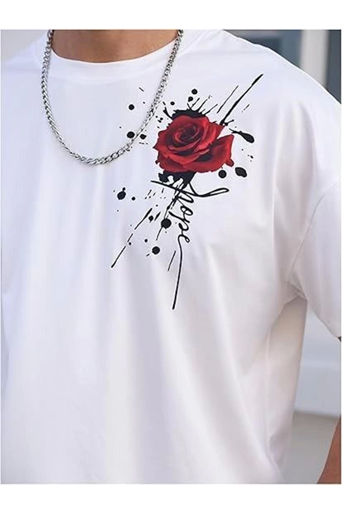 Erkek Bisiklet Yaka Kısa Kol Baskılı T-shirt - Beyaz